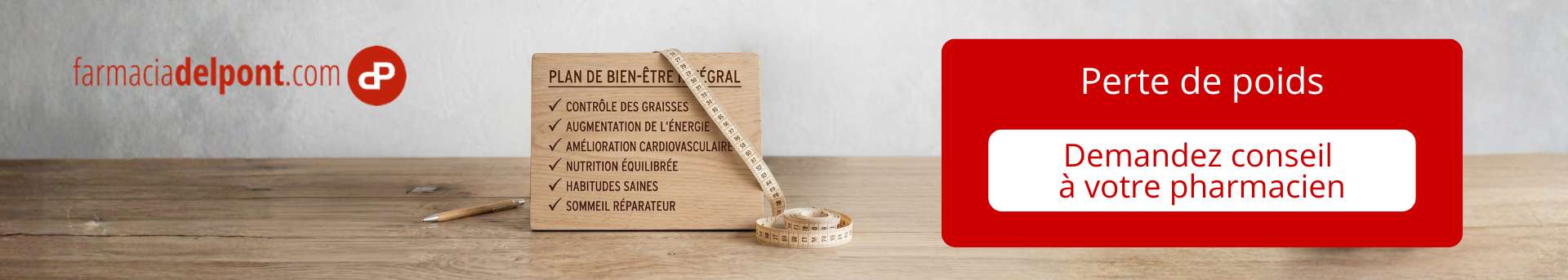 Banni&egrave;re sur la perte de poids avec plan de bien-&ecirc;tre et invitation &agrave; demander conseil au pharmacien