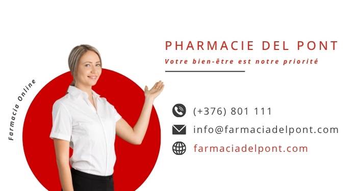 Banni&egrave;re de la Pharmacie del Pont avec pharmacienne et informations de contact pour la pharmacie en ligne &agrave; Andorre