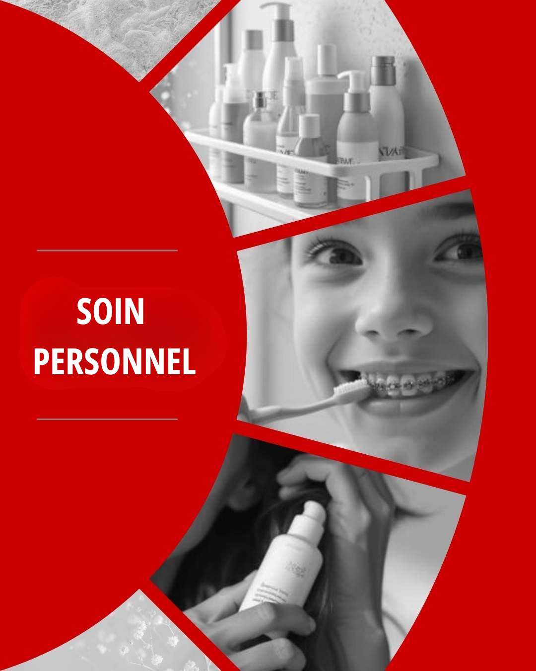 Banni&egrave;re de pharmacie en ligne illustrant les soins personnels avec produits d&rsquo;hygi&egrave;ne et enfant se brossant les dents